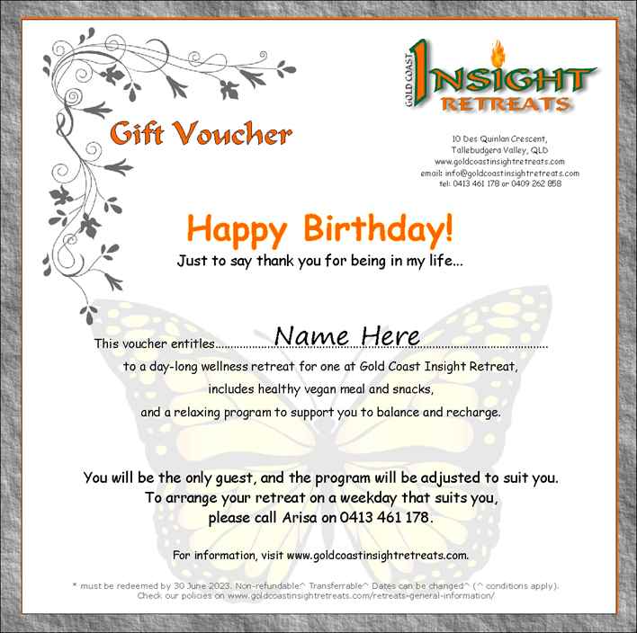 Gift Voucher - Birthday Sample - Gold Coast Insight Retreats